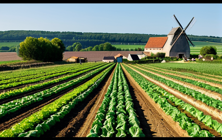 A Thriving Organic Farm**
"Wide shot of a family-run organic farm in the French countryside, fully clothed farmers tending to rows of vibrant vegetable crops, modest attire, windmills in the background, safe for work, appropriate content, perfect anatomy, natural proportions, professional agricultural photography, high quality, idyllic scene."
**