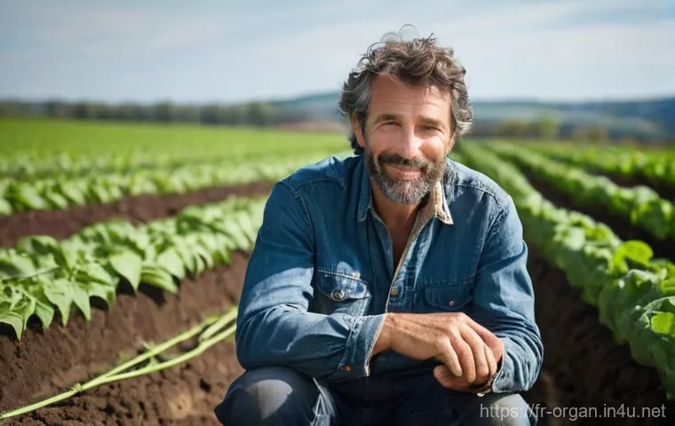 유기농업 실무와 이론을 연결하는 법 - **A French organic farmer's thoughtful observation:** A close-up portrait of a thoughtful French org...