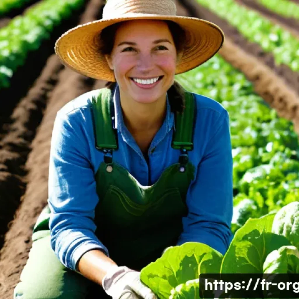 유기농업 분야 취업 전망 - **Prompt: "A passionate French organic market gardener, a woman in her late 30s, is kneeling in a vi...