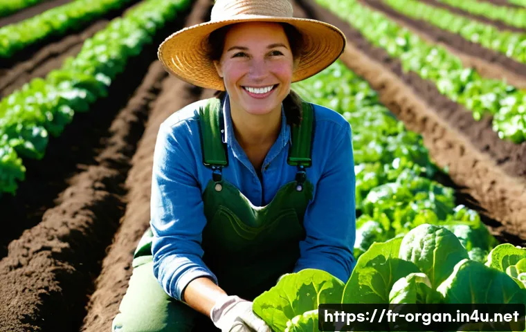유기농업 분야 취업 전망 - **Prompt: "A passionate French organic market gardener, a woman in her late 30s, is kneeling in a vi...