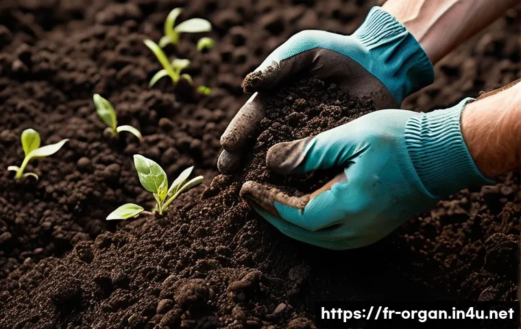유기농업 자격증 시험 기출문제 - **Prompt:** A close-up, highly detailed shot capturing a farmer's hands (wearing practical work glov...