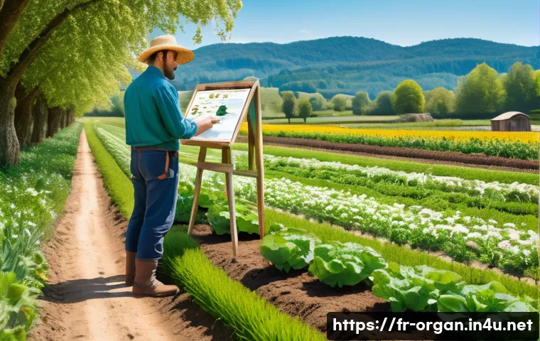 유기농업 자격증 취득 후 장점 - A vibrant French organic farm landscape in spring, featuring lush green fields with diverse crops gr...