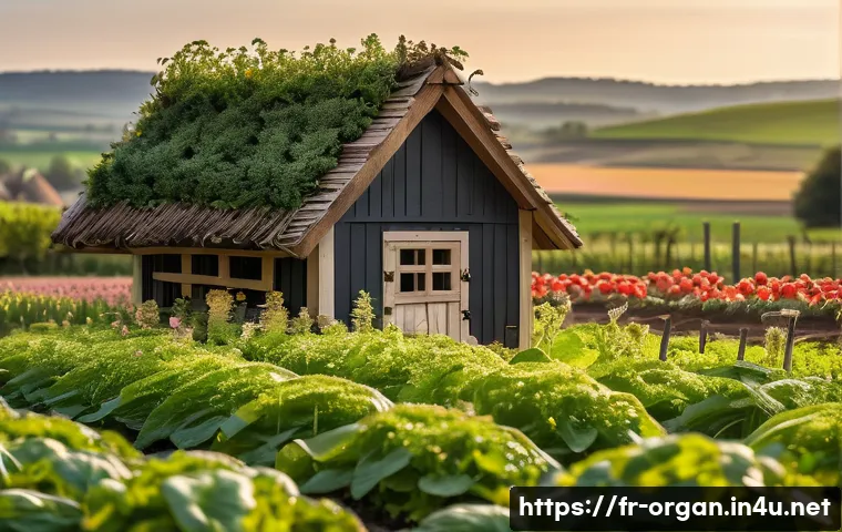 유기농업 이론 교육 - A vibrant organic farm landscape in rural France during spring, showcasing diverse crops in rotation...