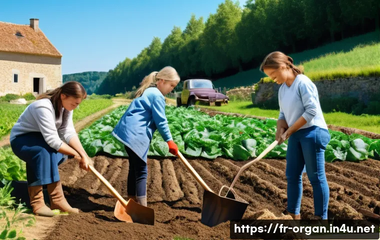 유기농업 기술 습득 방법 - A vibrant organic farm workshop scene in a French countryside setting, featuring diverse participant...