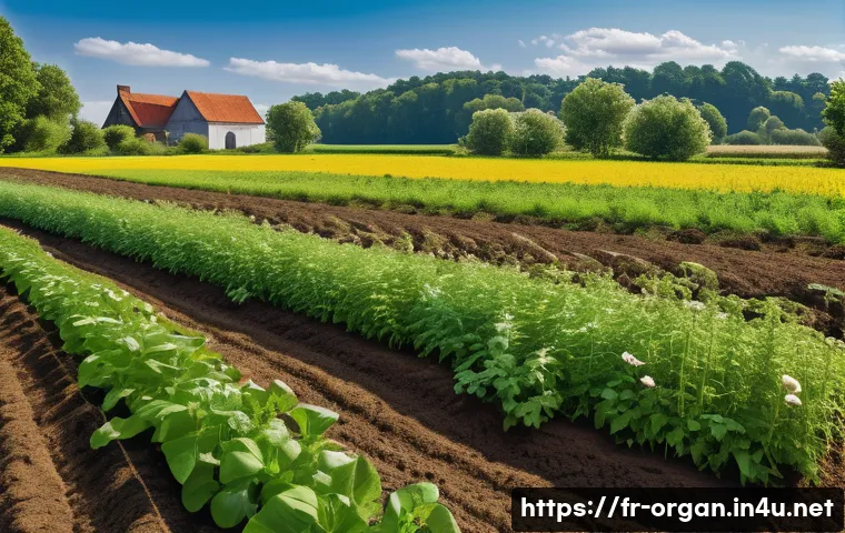 유기농업 현장 실무 - A vibrant organic farm scene showcasing a diverse soil ecosystem with rich microbial life, decomposi...
