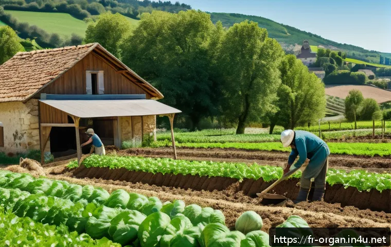 유기농업 자격증 취득 후 연봉 - A professional organic farm scene in rural France during spring, featuring a diverse team of agricul...